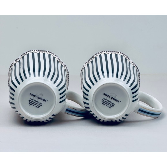 Grace's Teaware Black Striped Mugs w/ Gold Accents Coffee Tea Set of 2 - Picture 8 of 10